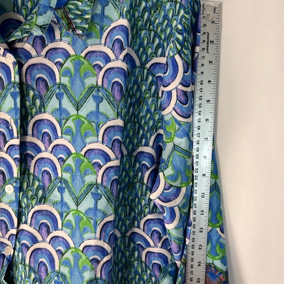 Antics Sartorial by Giacomo Cinque Italian Blouse - Blue Green Art Deco Print -M - Picture 8 of 11